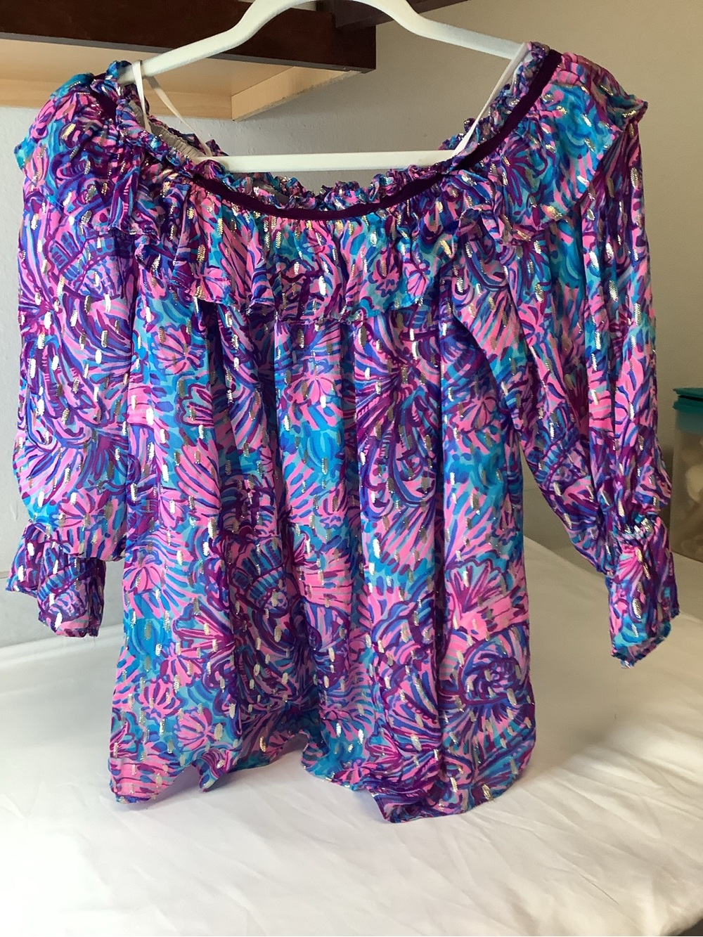 Lilly Pulitzer Off-Shoulder Floral Blouse in Pink, Purple & Blue
